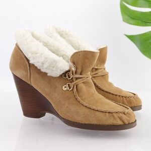 Michael Kors Womens Boots Size 9 Tan Suede Sherpa Sheepskin Bootie Lace Up Wedge